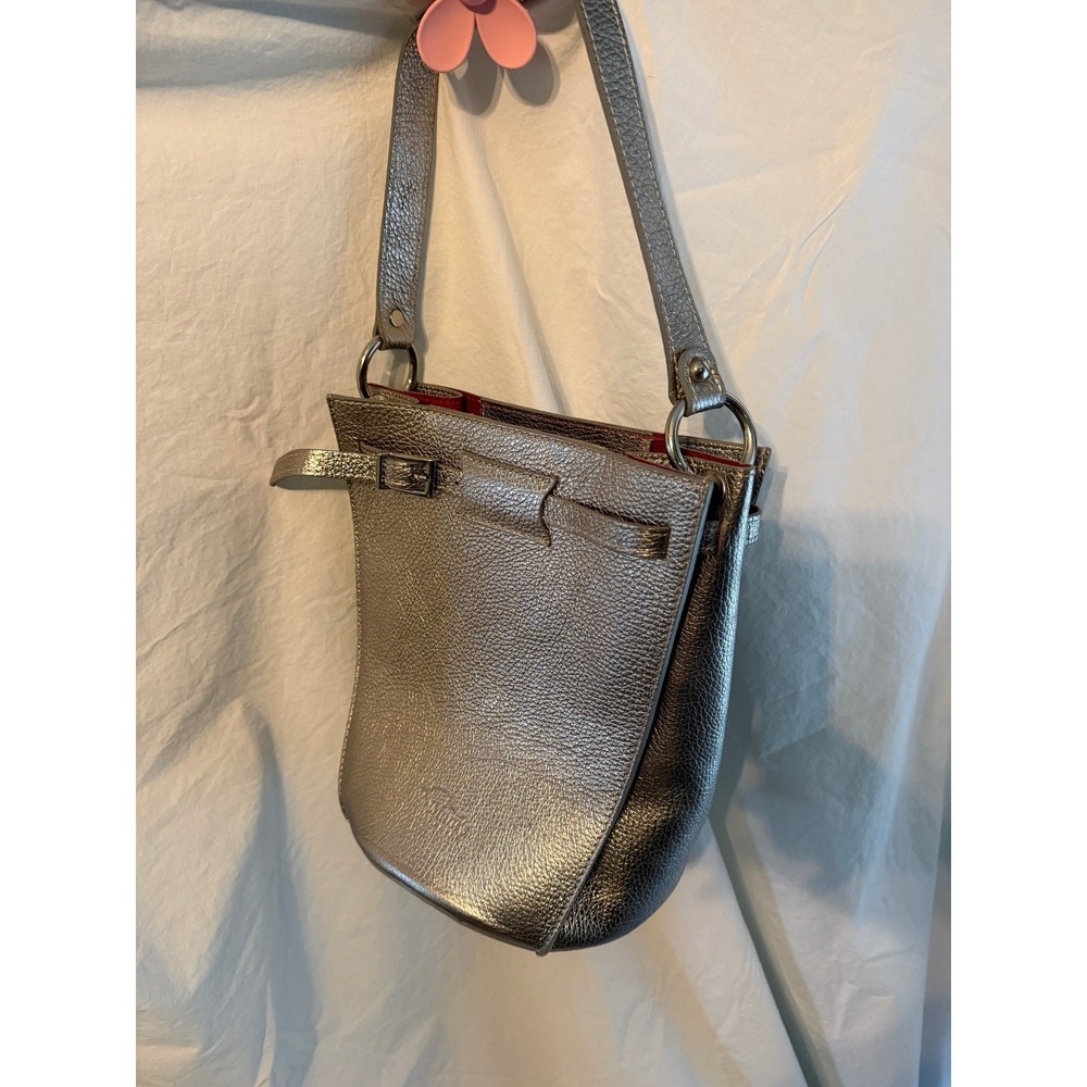 Mara's Italian Leather Bucket Bag Metallic Silver Pebble Grain Red Interior